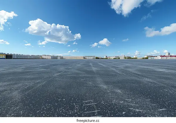 An empty parking lot with a clear blue sky
