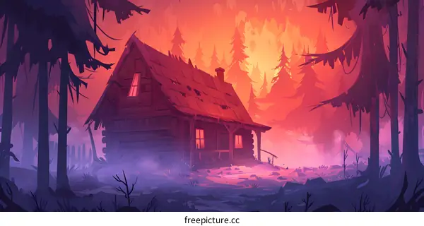 Forest Cabin Illustration With Pink And Orange Gradient