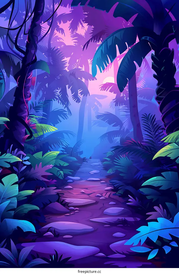 Purple Jungle Path With Palm Trees