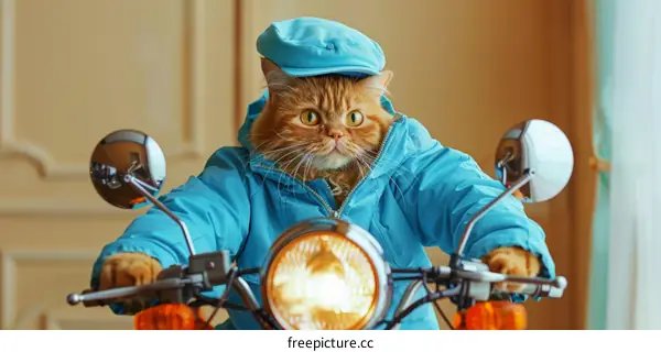 ginger cat in blue hat and blue jacket riding a motorcycle