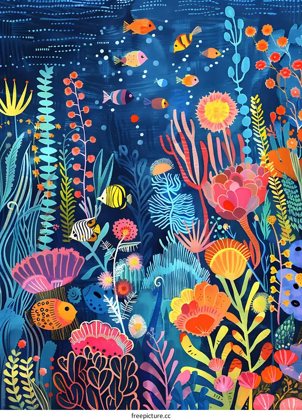 Underwater Floral Illustration with Fish