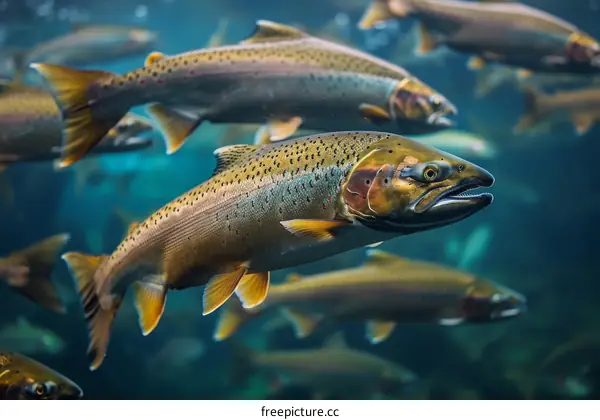 A group of various species of salmon swimming in a river