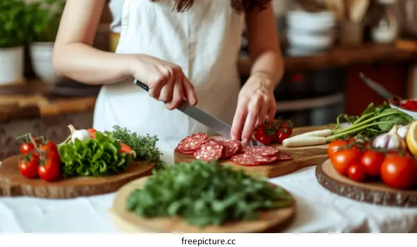 Caucasian woman in apron slicing salami with knife on wooden board in kitchen with vegetables and herbs on table