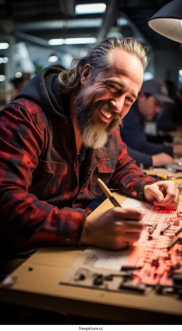 Portrait of a smiling bearded man working on an electronic circuit board