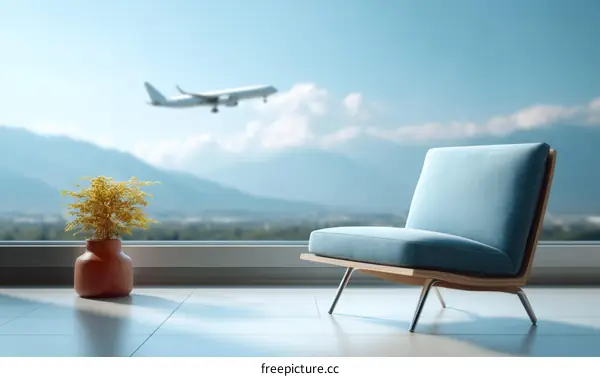 Modern armchair by the window with mountain view and airplane in the sky