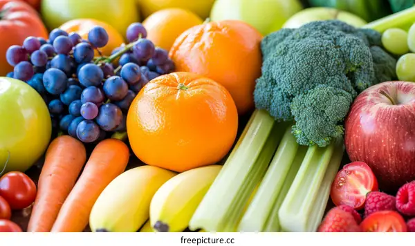 A variety of fruits and vegetables are arranged together