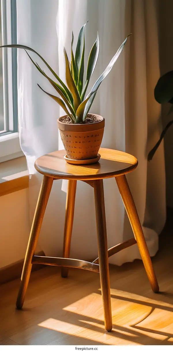 Potted Plant on Wooden Stool in Sunlight