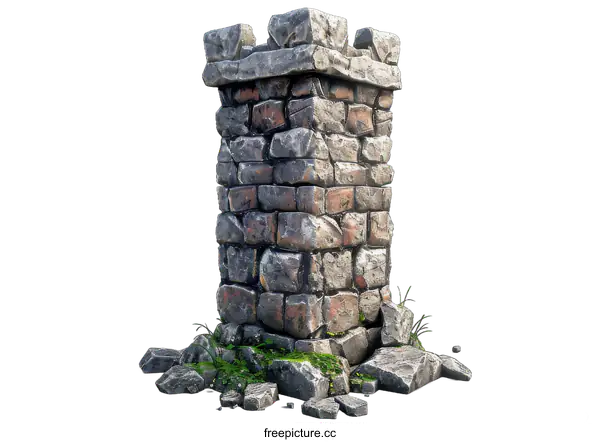 [Transparent Background PNG]A ruined stone tower with rubble at the base