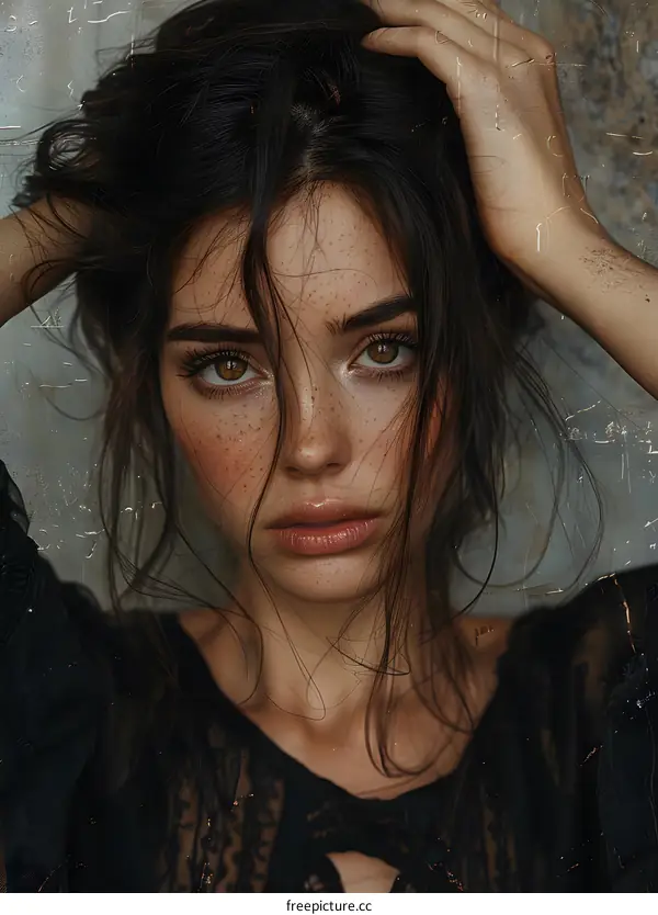 portrait of a beautiful young woman with freckles