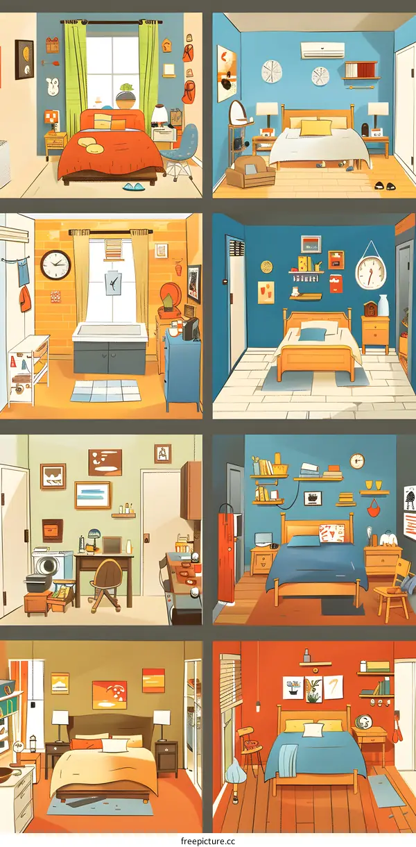 Colorful Illustration of Different Rooms in an Apartment