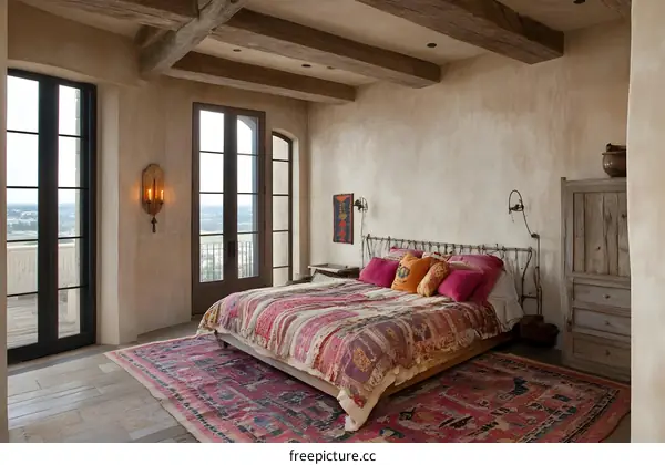 Rustic Bedroom Interior Design with Exposed Wooden Beams and a View