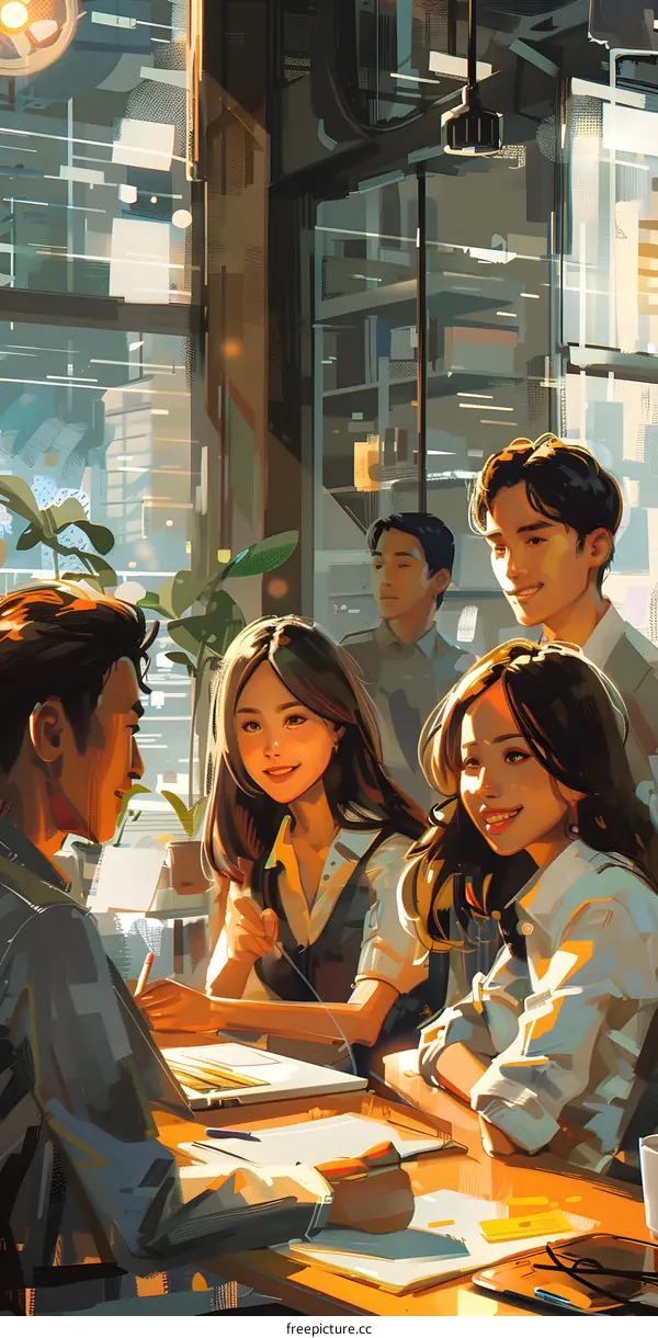 Four Asian people sitting around a table and talking