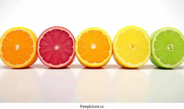 Five halves of various citrus fruits