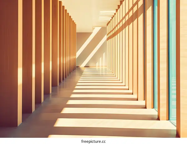 Sunlight Through Wooden Columns In Modern Building