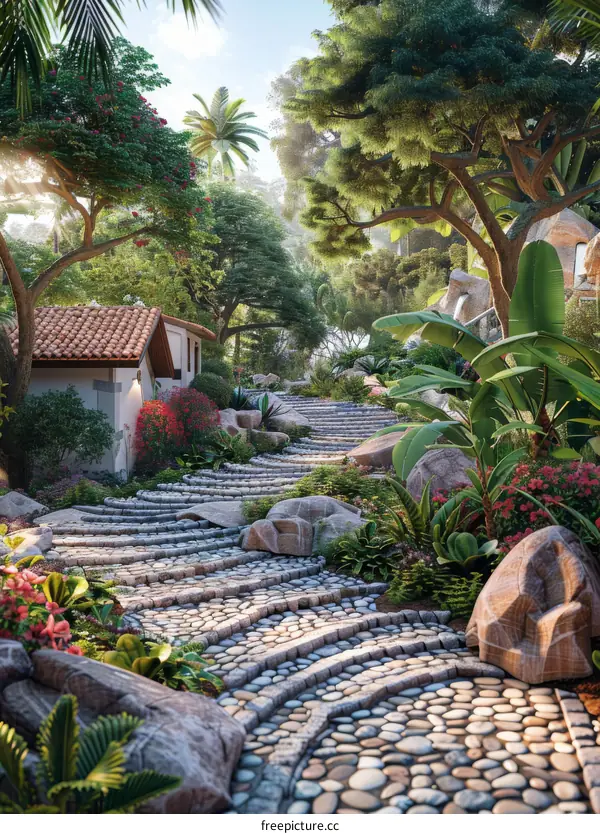 Stone Path in a Lush Tropical Garden