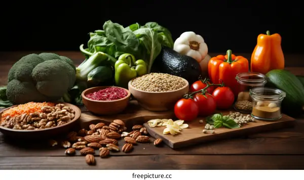 A variety of fresh vegetables and nuts are arranged on a wooden table.