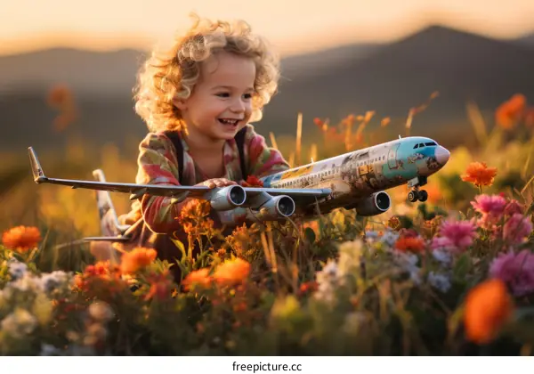 Little girl playing with a toy airplane in a field of flowers