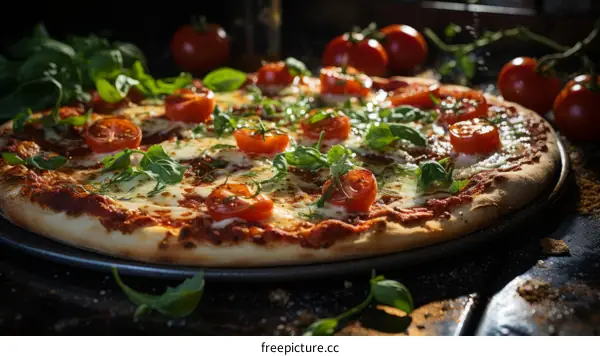A delicious pizza with tomatoes, basil, and cheese
