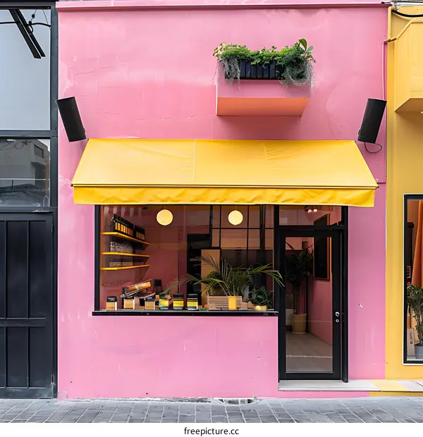 Yellow Awning Shop Front with Pink Wall