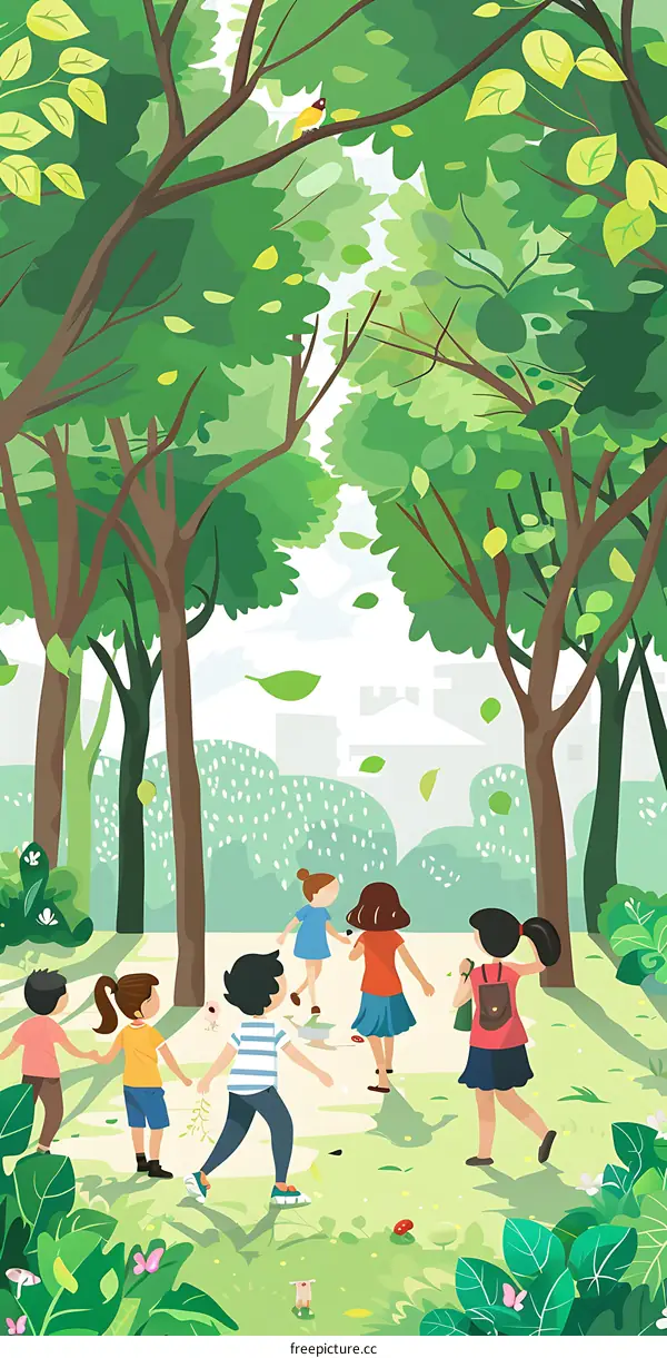 Children Playing in the Green Forest