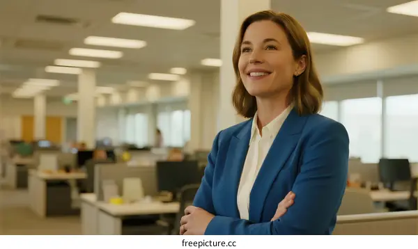 Professional Woman Standing in Modern Office with Confident Expression