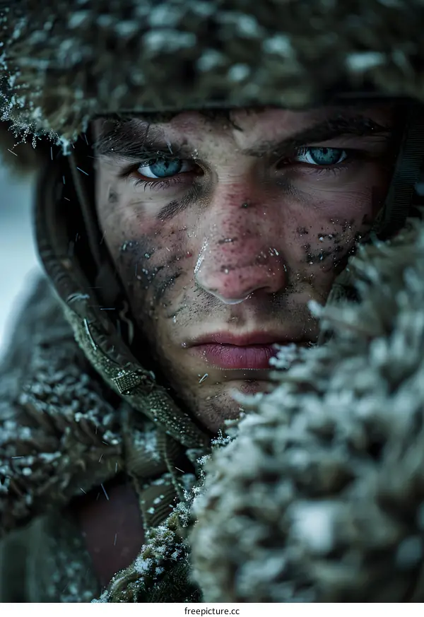 Portrait of a young soldier with blue eyes and a determined expression on his face. He is wearing a military uniform and a fur hat, and his face is covered in snow and dirt.