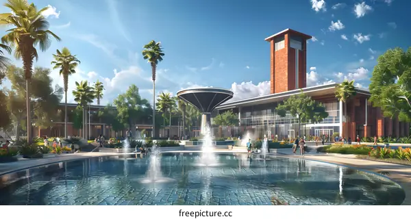 Modern University Campus with Fountain and Palm Trees