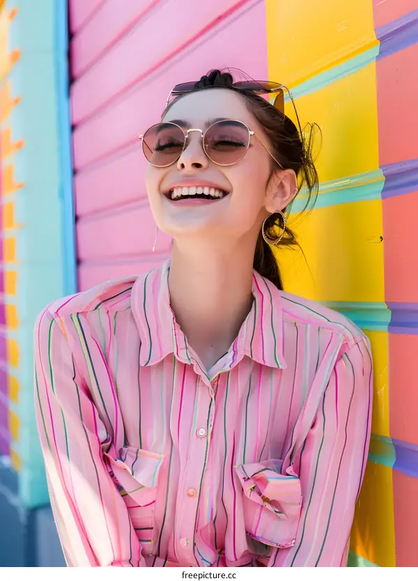 Happy Woman In Striped Shirt Smiling Against Colorful Wall