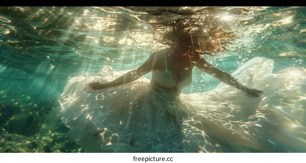 An underwater photo of a woman in a white dress