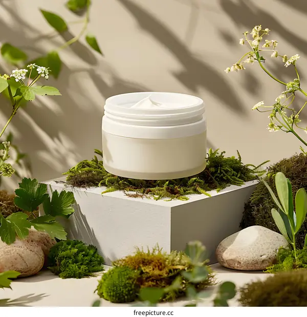 Natural Skin Care Cream Jar with Green Moss and Stones