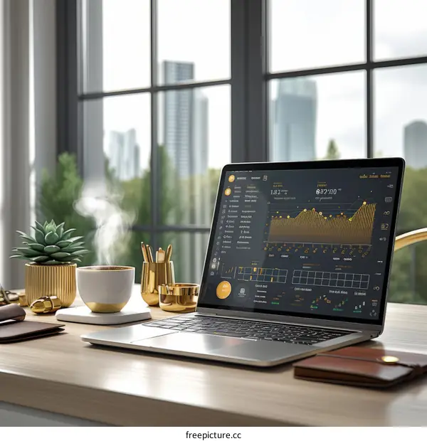 A computer on a desk with a cup of coffee, a plant, and a wallet on the desk