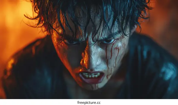 Close-up Angry Man with Blood on Face