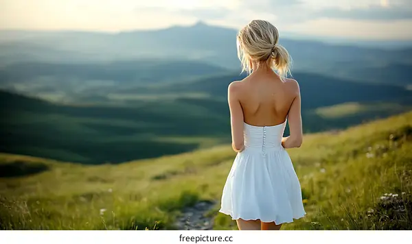 Woman in White Dress on Mountaintop