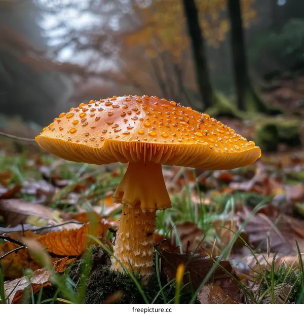 Close-up of a Large Orange Mushroom with a White-Spotted Cap Growing in a Forest