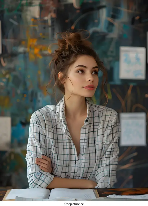 Portrait of a Young Woman with a Messy Bun in a Plaid Shirt