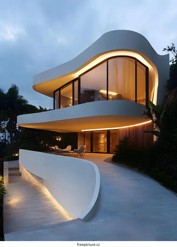 Modern White House with Curved Walls and Large Windows