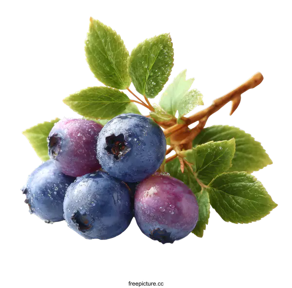 [Transparent Background PNG]Closeup of Fresh Blueberries with Leaves