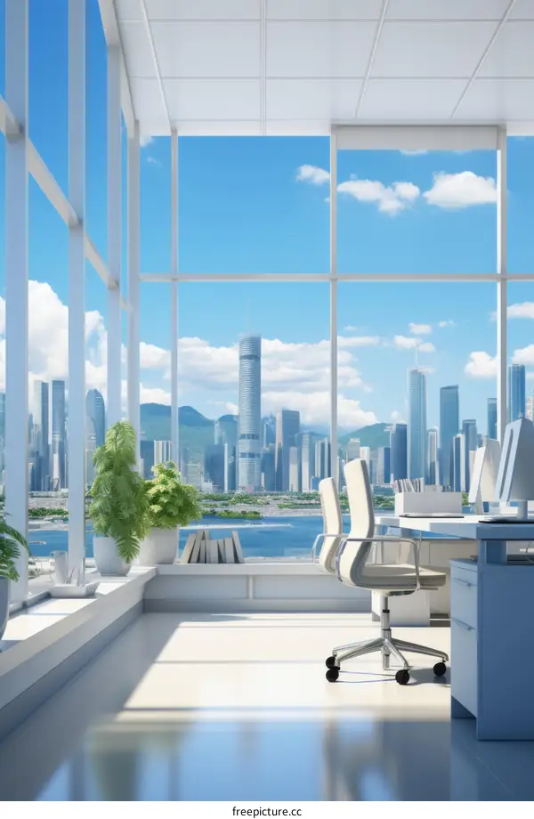 A modern office with a view of the city