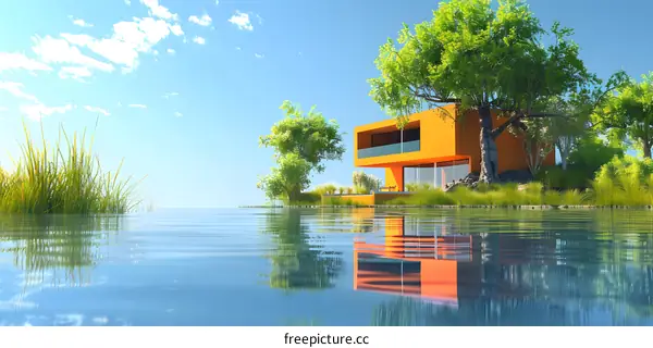 Modern house with large windows and a green lawn