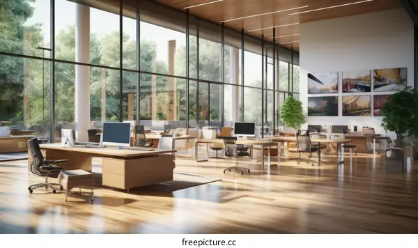 The modern office space is full of light and has a beautiful view of the outside world.