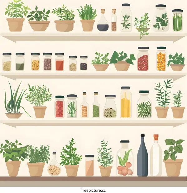 Illustration of Herbs and Spices on Shelves