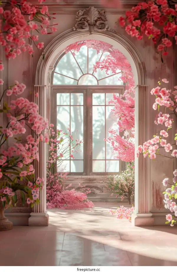 Pink Floral Interior with Arch Window