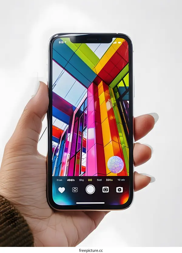 Hand Holding Smartphone Showing Colorful Architecture Photo