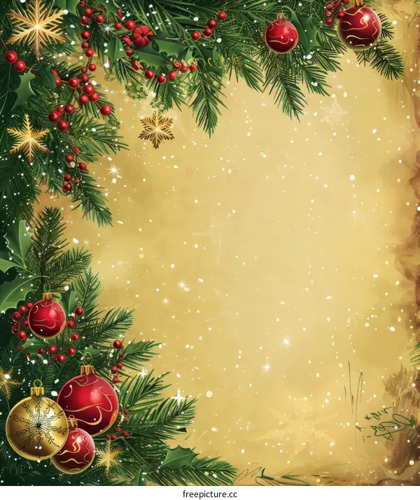 Festive Christmas Background with Fir Branches, Holly Berries and Red Balls