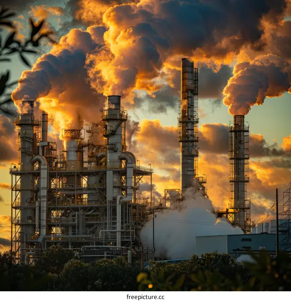 A large industrial complex with smoke billowing from its smokestacks