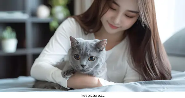 A young woman is sitting on a bed with a gray cat