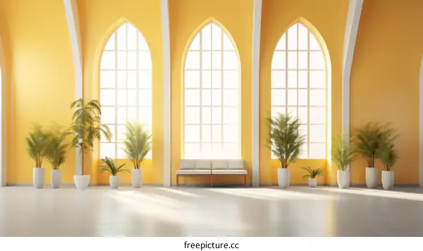 Bright yellow room with large arched windows and potted plants