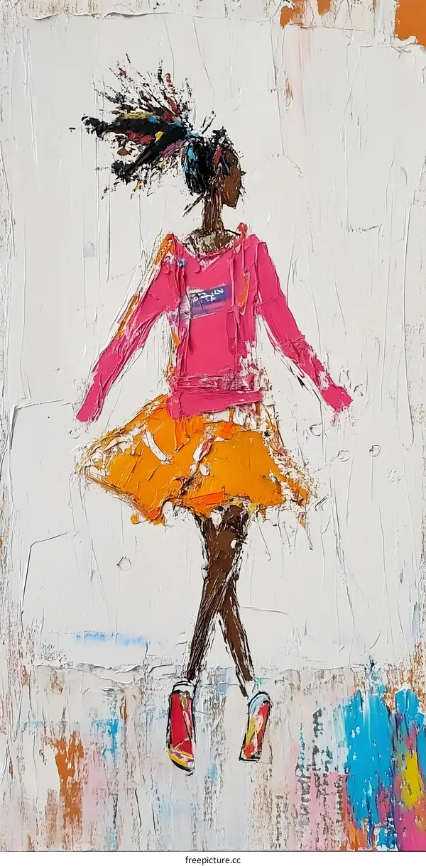 Abstract Oil Painting of a Young Black Woman with Pink and Orange Clothing