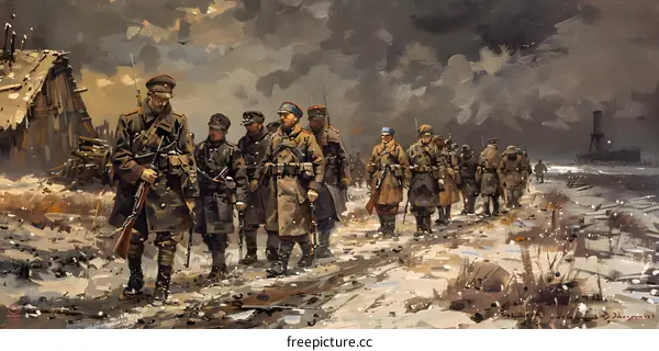 A group of soldiers marching through a snowy field during World War I