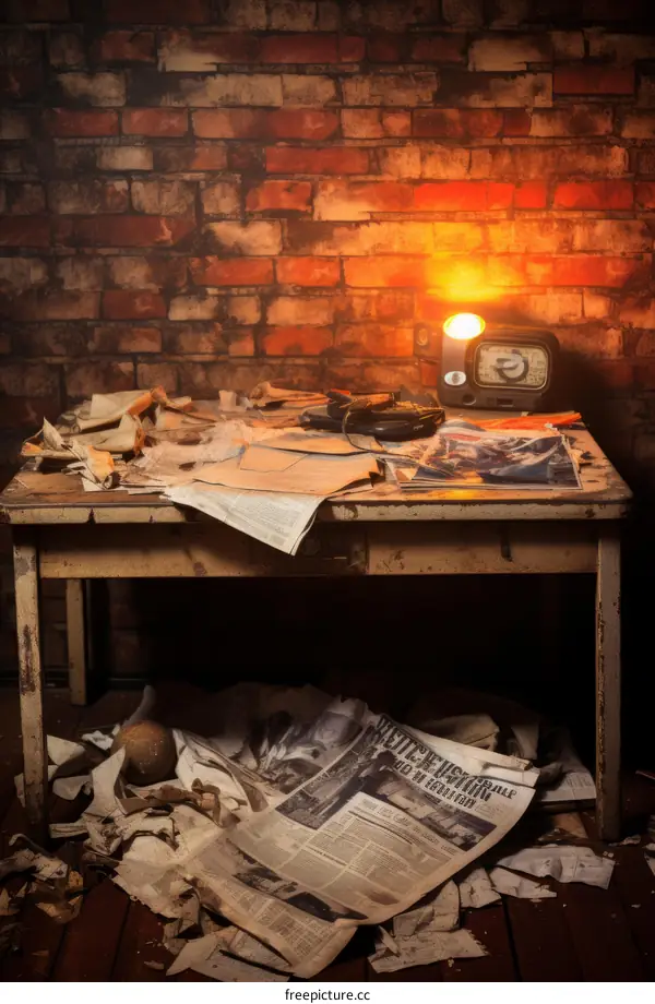 A dimly lit room with a table covered in papers and a radio
